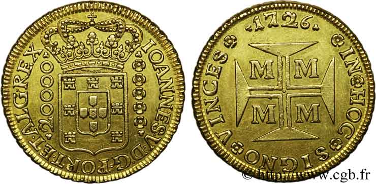 PORTUGAL (ROYAUME DE) ET BRÉSIL - JEAN V Dobra de 20.000 reis 1726 Minas Gerais VZ