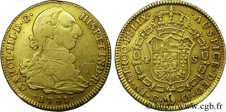 SPAIN - KINGDOM OF SPAIN - CHARLES III Quatre escudos 1781 Séville XF