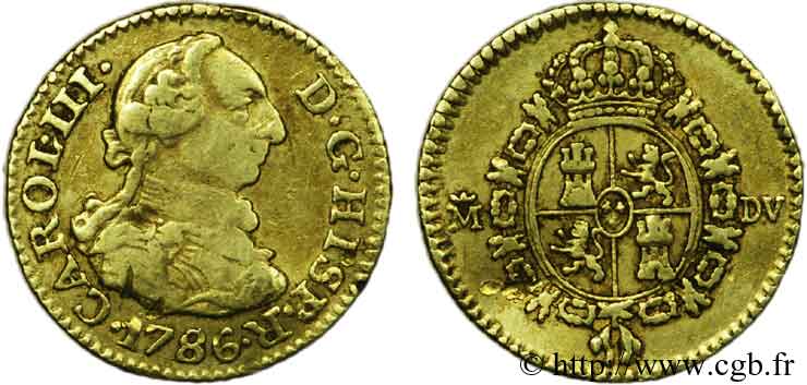 ESPAGNE - ROYAUME D ESPAGNE - CHARLES III Demi-escudo en or, 3e type 1786 Madrid, M couronnée BB