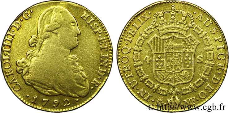ESPAÑA - REINO DE ESPAÑA - CARLOS IV 4 escudos en or 1792 Madrid BC