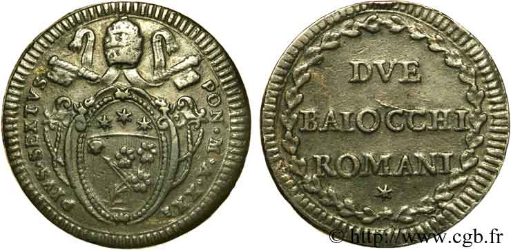 ITALY - PAPAL STATES - PIUS VI (Giovanni Angelo Braschi) Deux Baiocchi 1795-1796 Rome XF