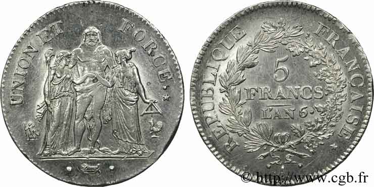 5 francs Union et Force, Union serré, avec glands intérieurs et gland extérieur 1798 Paris F.288/37 SUP 