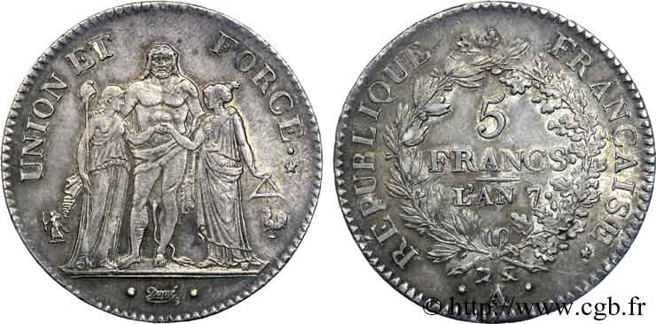 5 francs Union et Force, Union serré, avec glands intérieurs et gland extérieur 1799 Paris F.288/95 VZ 