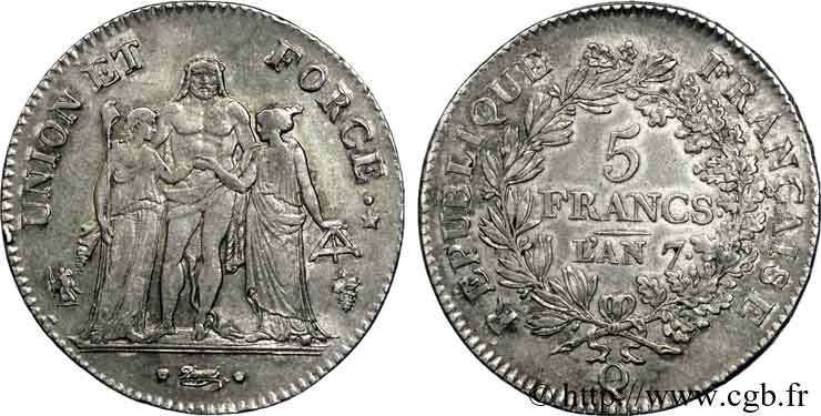 5 francs Union et Force, Union serré, avec glands intérieurs et gland extérieur 1799 Perpignan F.288/120 TTB 