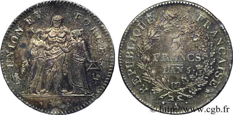 5 francs Union et Force, Union desserré, avec glands intérieurs et gland extérieur 1798 Paris F.291/17 MS 