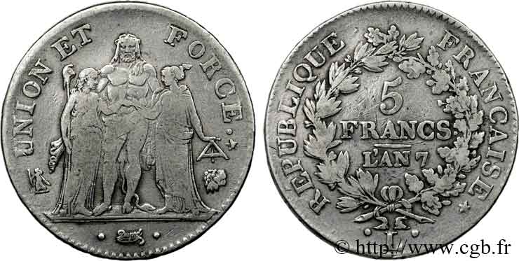 5 francs Union et Force, Union desserré, avec glands intérieurs et gland extérieur 1799 Bayonne F.291/28 TB 