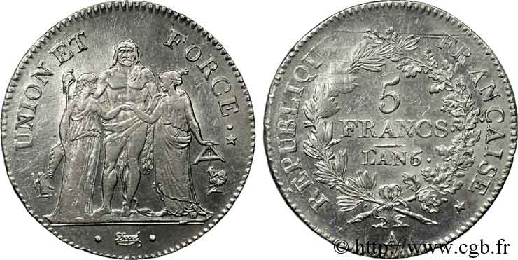5 francs Union et Force, Union serré, seulement gland extérieur 1798 Paris F.288/49 AU 