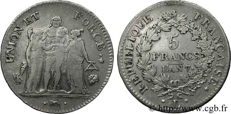 5 francs Union et Force, Union serré, seulement gland extérieur 1799 Bayonne/Paris F.288/116 MBC 