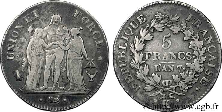 5 francs Union et Force, Union serré, seulement gland extérieur, petite feuille 1799 Bordeaux F.288/109 XF 