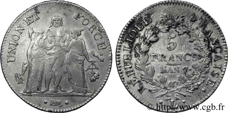 5 francs Union et Force, Union serré, seulement gland extérieur, petite feuille 1799 Bayonne F.288/117 BB 