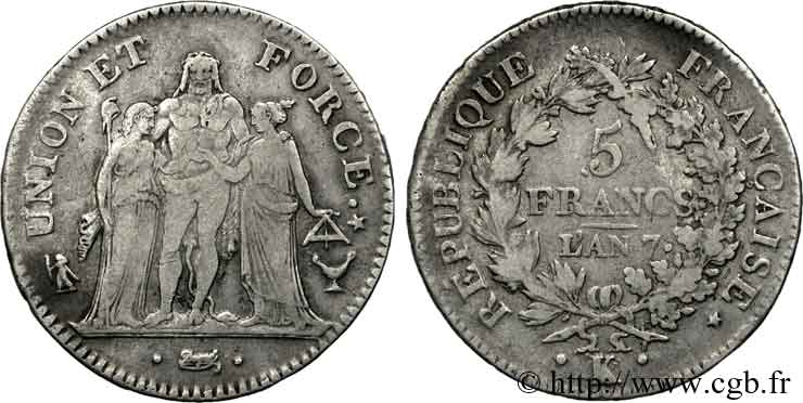 5 francs Union et Force, Union desserré, seulement gland extérieur, petite feuille 1799 Bordeaux F.291/25 VF 