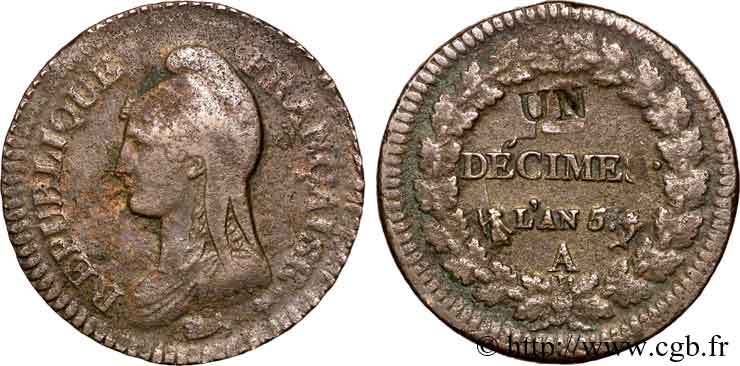 Un décime Dupré, modification du 2 décimes 1797 Paris F.127/5 MB 