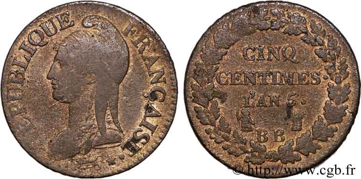 Cinq centimes Dupré, grand module, BB très écarté 1797 Strasbourg F.115/26 var. BC 