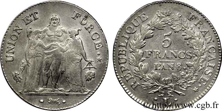 5 francs Union et Force, Union serré, avec glands intérieurs et gland extérieur 1800 Bayonne F.288/147 BB 