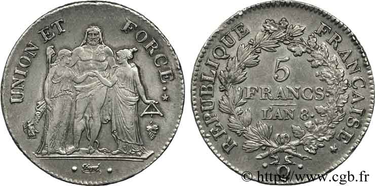 5 francs Union et Force, Union serré, avec glands intérieurs et gland extérieur 1800 Perpignan F.288/149 XF 