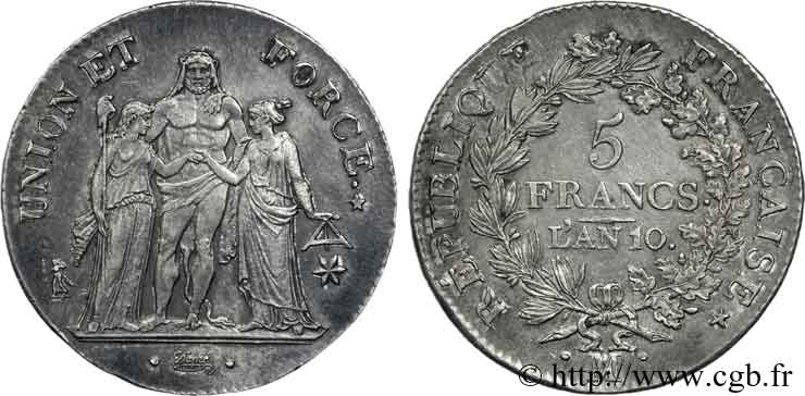 5 francs Union et Force, Union serré, avec glands intérieurs et gland extérieur 1802 Marseille F.288/182 AU 