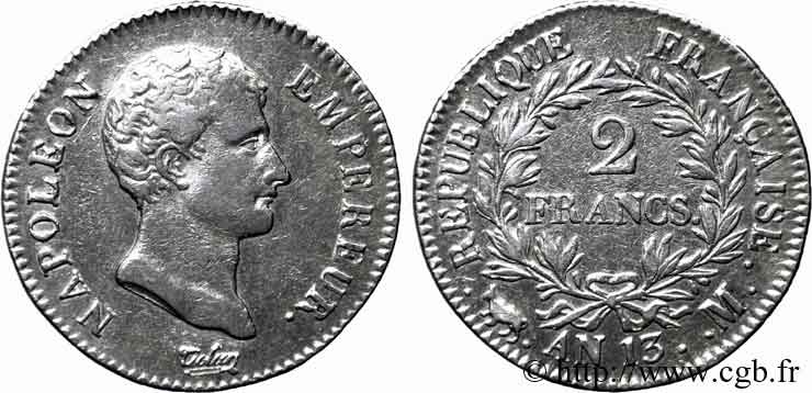 2 francs Napoléon Empereur, Calendrier révolutionnaire 1805 Toulouse F.251/21 MBC 