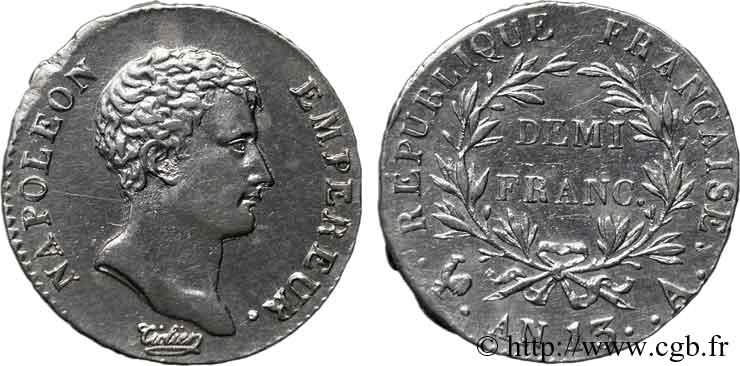Demi-franc Napoléon empereur, calendrier révolutionnaire 1805 Paris F.174/10 SUP 