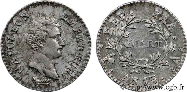 Quart (de franc) Napoléon Empereur, Calendrier révolutionnaire 1805 Paris F.158/8 EBC 