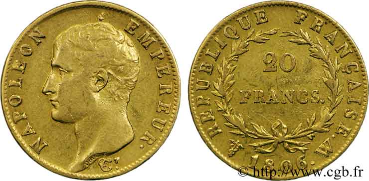 20 francs Napoléon tête nue, calendrier grégorien 1806 Lille F.513/5 TTB 