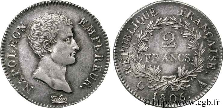 2 francs Napoléon empereur, calendrier grégorien 1806 Paris F.252/1 EBC 
