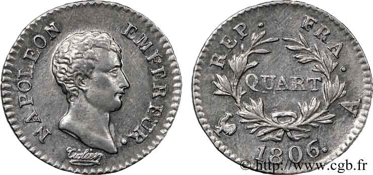 Quart de franc Napoléon empereur calendrier grégorien 1806 Paris F.159/1 XF 