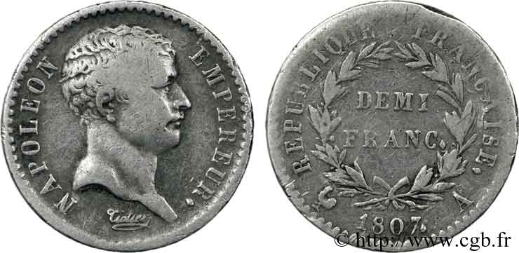 Demi-franc Napoléon empereur, “tête de nègre” 1807 Paris F.176/1 TB 
