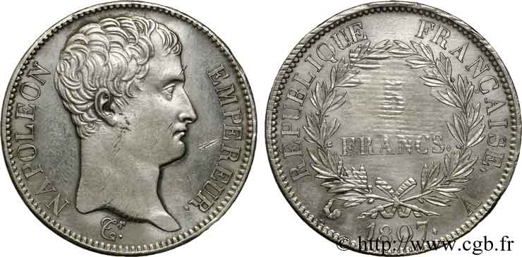 5 francs Napoléon empereur, type transitoire 1807 Paris F.305/1 SUP 