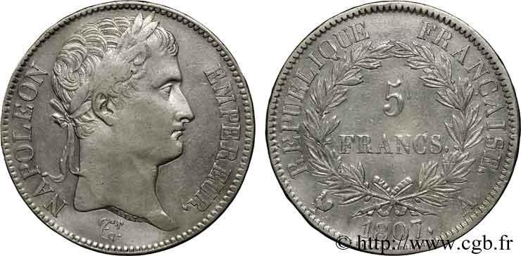 5 francs Napoléon empereur, République française 1807 Paris F.306/1 SS 