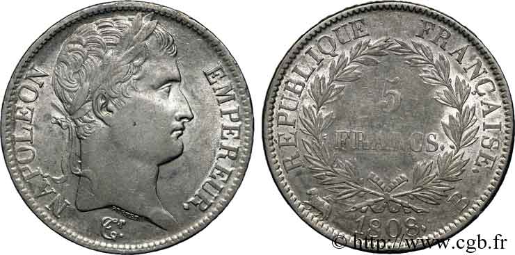 5 francs Napoléon empereur, République française 1808 Rouen F.306/3 BB 