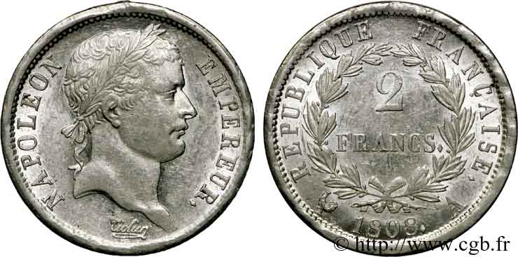 2 francs Napoléon Ier tête laurée, République française 1808 Paris F.254/4 SPL 