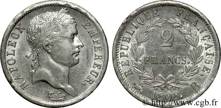 2 francs Napoléon Ier tête laurée, République française 1808 Rouen F.254/5 SS 