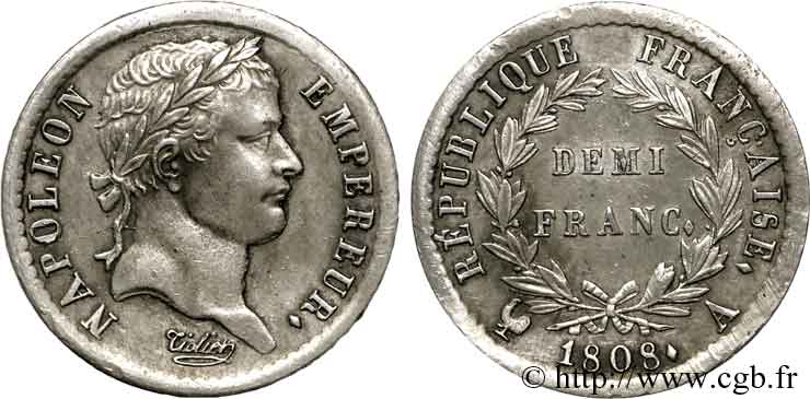 Demi-franc Napoléon Ier tête laurée, République française 1808 Paris F.177/2 SS 