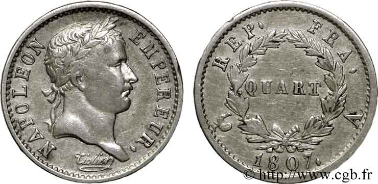 Quart de franc Napoléon Ier tête laurée, république française 1807 Paris F.161/1 BB 