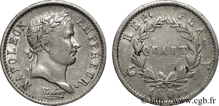 Quart de franc Napoléon Ier tête laurée, république française 1807 Paris F.161/1 MBC 