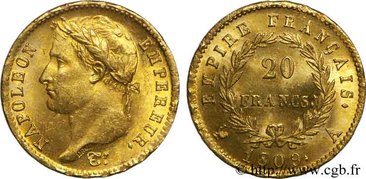 20 francs or Napoléon, tête laurée, Empire français 1809 Paris F.516/1 SPL 