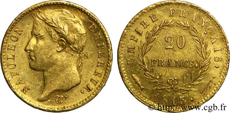20 francs or Napoléon, tête laurée, Empire français 1813 Utrecht F.516/37 XF 