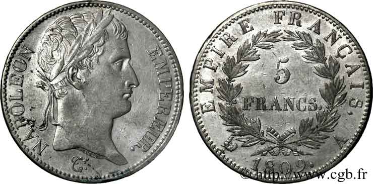 5 francs Napoléon empereur, Empire français 1809 Paris F.307/1 MBC 