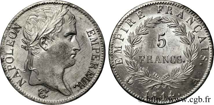 5 francs Napoléon empereur, Empire français 1814 Paris F.307/76 AU 
