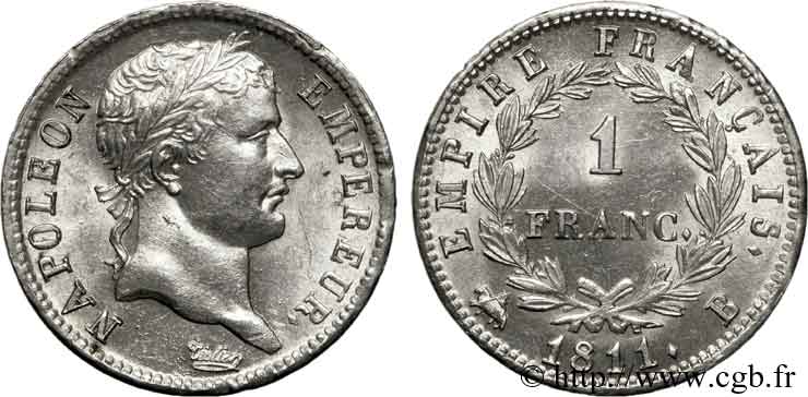 1 franc Napoléon Ier tête laurée, Empire français 1811 Rouen F.205/29 VZ 