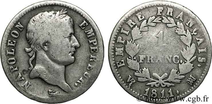 1 franc Napoléon Ier tête laurée, Empire français 1811 Marseille F.205/37 BC 