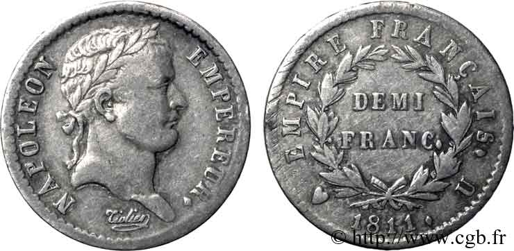 Demi-franc Napoléon Ier tête laurée, Empire français 1811 Turin F.178/33 BC 