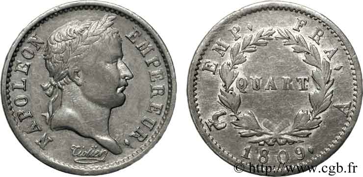 Quart de franc Napoléon Ier tête laurée, Empire français 1809 Paris F.162/1 MBC 