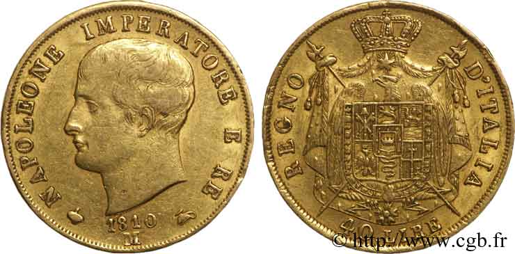 40 lires en or, 2e type, tranche en creux 1810 Milan VG.1345  BB 