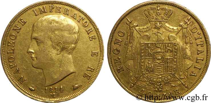 40 lires en or, 2e type, tranche en creux 1814 Milan VG.1394  XF 