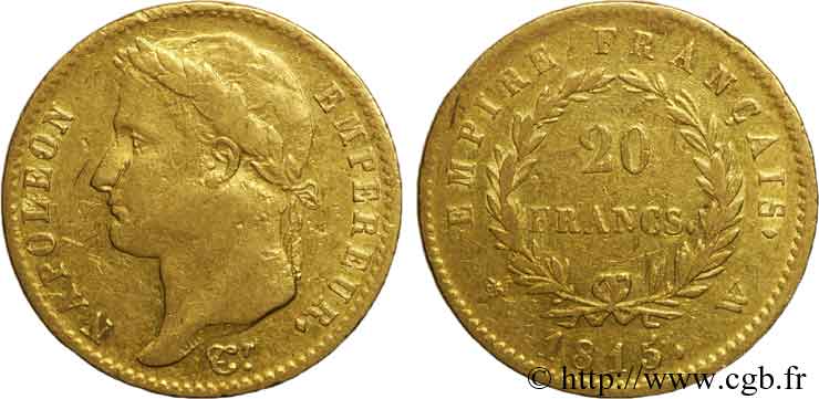 20 francs or Napoléon, tête laurée, Empire français 1815 Lille F.516A/3 S 