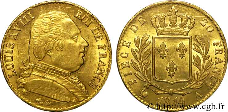 20 francs or Louis XVIII, buste habillé 1814 Paris F.517/1 BB 