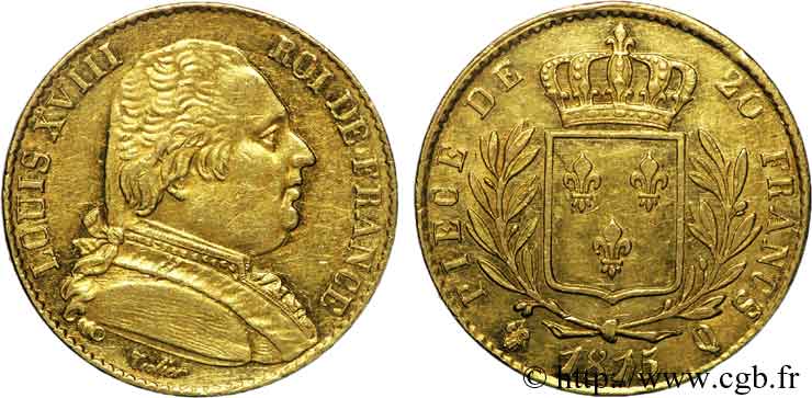 20 francs or Louis XVIII, buste habillé 1815 Perpignan F.517/16 MBC 