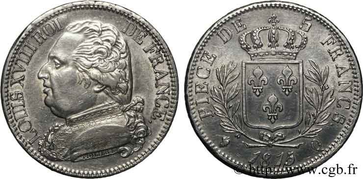5 francs Louis XVIII, buste habillé 1815 Perpignan F.308/29 TTB 