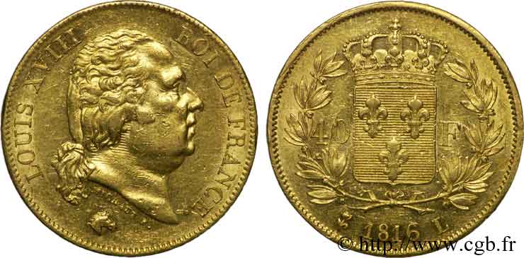 40 francs or Louis XVIII 1816 Bayonne F.542/3 AU 